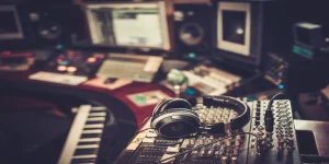 Close-up of headphones on a mixing console in a music studio.