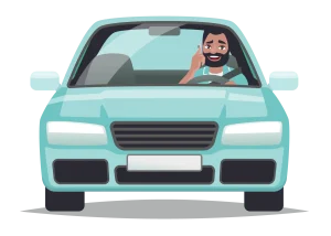 A cheerful driver talking on the phone inside a blue car.