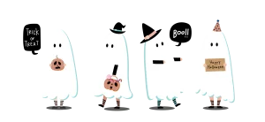 Illustration of four children dressed as ghosts in white sheets, one holding a pumpkin, another carrying a bucket of sweets, one saying Boo, and one holding a Happy Halloween sign.