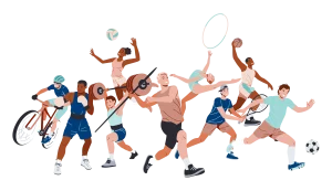 Flat illustration of athletes competing across a range of sports including cycling, boxing, weightlifting, volleyball, javelin, running, gymnastics, basketball, tennis and football.