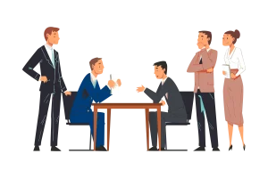 Illustration of two people in business suits negotiating across a table, one passing documents to the other, while three colleagues stand and observe.