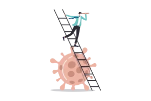 Illustration of a person wearing a face mask climbing a ladder over a large coronavirus particle while looking ahead through a telescope.