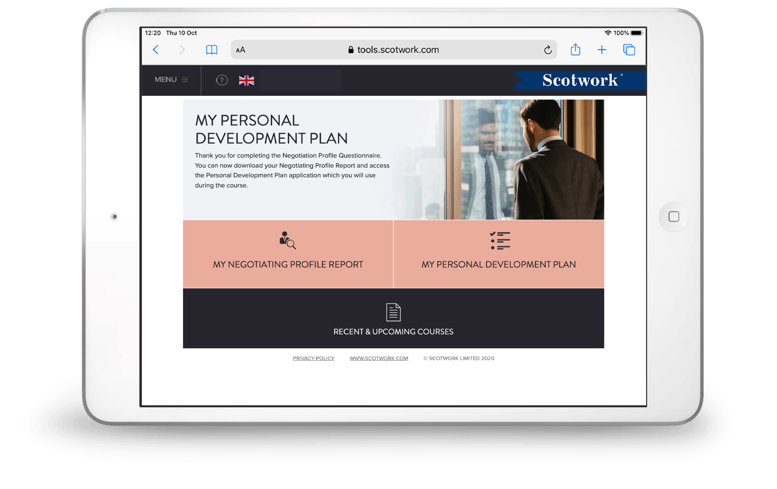 A tablet displays the Scotwork website with options for My Negotiating Profile Report and My Personal Development Plan. A man in a suit stands by a window in the top right image.