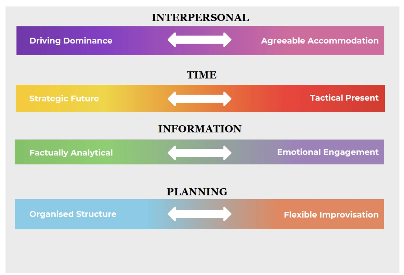 A chart with four colored bars showing contrasts: Driving Dominance vs. Agreeable Accommodation (Interpersonal), Strategic Future vs. Tactical Present (Time), Factually Analytical vs. Emotional Engagement (Information), Organised Structure vs. Flexible Improvisation (Planning).