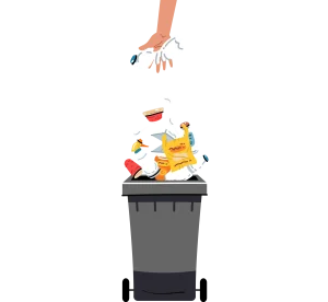 Illustration of a hand throwing food waste into a trash bin