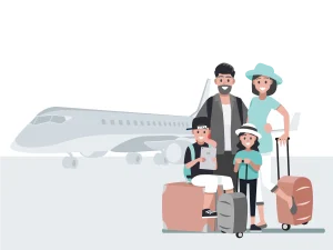 A happy family at the airport with luggage, ready for their trip.
