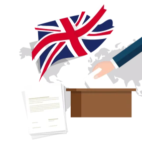 Illustration of a person voting in a British election with a flag.