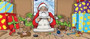 Santa reads a long list at a table surrounded by gifts, with two elves working on toys and crafts, while snow falls outside the window.