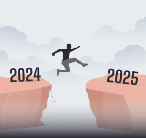 A person jumping from the year 2024 to 2025 over a gap.