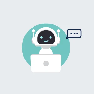 A friendly chatbot with headphones sitting at a laptop, ready to assist users.