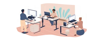 Illustration of a modern office workspace with two people working at desks and plants in the background.