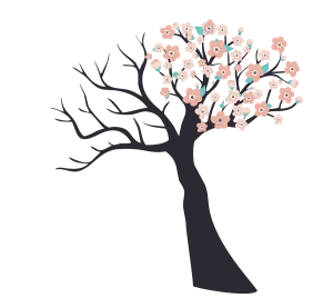 A silhouette of a tree with pink blossoms.