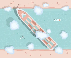 Overhead view of a luxury yacht on turquoise waters with clouds