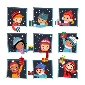 A cheerful group of children holding gifts in a snowy winter scene.