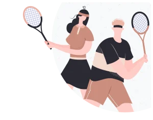 An illustration of a man and woman playing tennis, showcasing their sporty attire.
