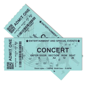 Blue concert ticket with details including section, row, and seat number.
