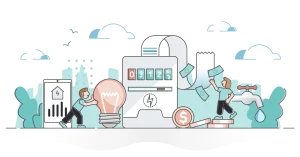 Illustration of energy efficiency with a light bulb, meter, and financial elements.