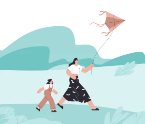 A mother and her child joyfully flying a kite in a scenic landscape.