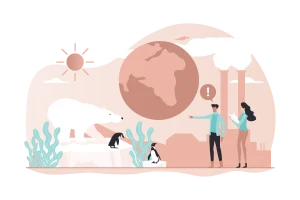 Illustration of a polar bear and penguins discussing climate change.