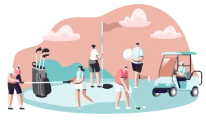 illustration of people enjoying various activities on a golf course