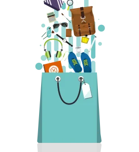 Illustration of a shopping bag filled with various items including shoes, headphones, and accessories.