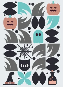 A colorful Halloween-themed pattern featuring pumpkins, ghosts, and spooky elements.