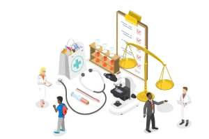 Illustration of a healthcare environment featuring medical equipment and professionals.