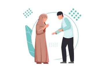 A digital illustration of a woman in a hijab greeting a man.