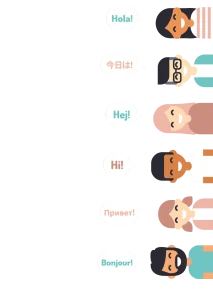 Cartoon characters saying hello in various languages