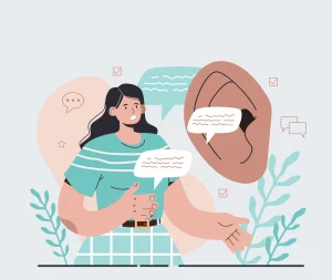 Illustration of a woman engaging in conversation with speech bubbles.