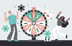 A colorful casino wheel with excited players celebrating their wins.