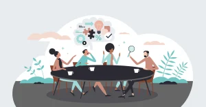 Illustration of a diverse team engaged in a brainstorming session around a table.