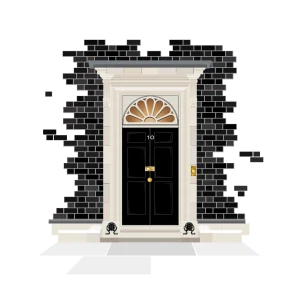 A stylish black door with a decorative arch and a golden door handle.