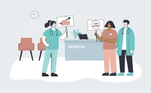healthcare workers protesting low salaries with signs in a hospital
