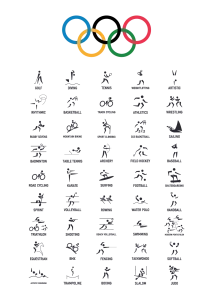 Graphic design featuring Olympic rings and various sports symbols.