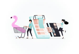 Illustration of a shopping cart with a pink flamingo, a smartphone, and a credit card representing online shopping.