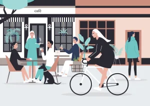 illustration of a vibrant outdoor café scene with people enjoying drinks and a cyclist passing by