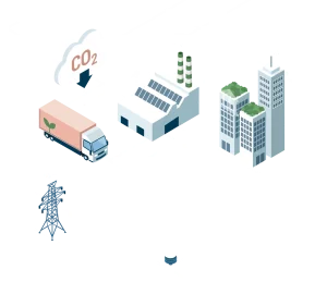 Illustration of a sustainable transportation network with a truck, factories, and buildings.