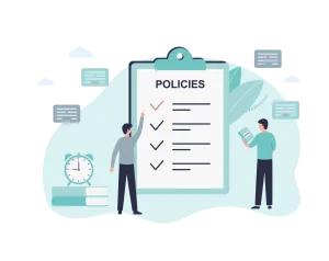 Illustration of a checklist titled 'Policies' with two people discussing and reviewing the items.