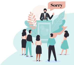 Illustration of a public speaker apologizing to an audience.