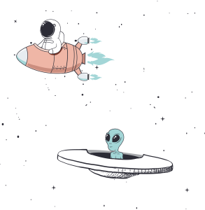 An astronaut flying in a rocket ship alongside an alien in a UFO in outer space.