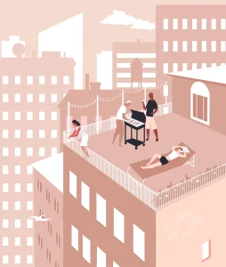 A vibrant rooftop gathering in a city, featuring people barbecuing and relaxing.