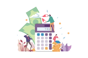 Illustration of a tax calculator with money and people managing finances.