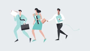 Illustration of a diverse business team running with briefcases and documents.