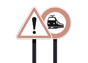 Warning signs for train crossing with an exclamation mark and train icon.