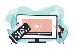 Illustration of a man holding a remote control in front of a TV screen displaying a play button.