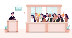 Illustration of a courtroom with a judge, jury, and legal professionals.