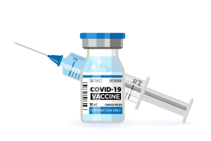 Illustration of a COVID-19 vaccine vial and syringe.