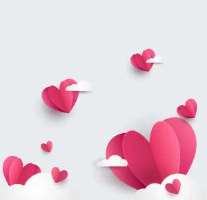 A collection of pink paper hearts floating among white clouds on a light background.
