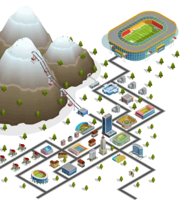 Illustrated sports village with a football stadium, training facilities, and surrounding mountains